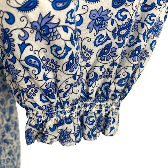 J.Crew Factory Women's Top Blue White Micro Floral Paisley Split Neck - Picture 3 of 11
